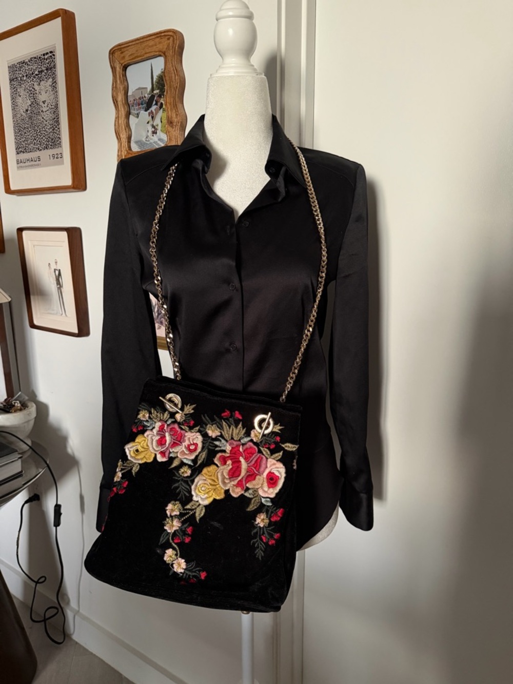 Zara Black Velvet Crossbody Bag with Pink and Yellow Floral Embroidery